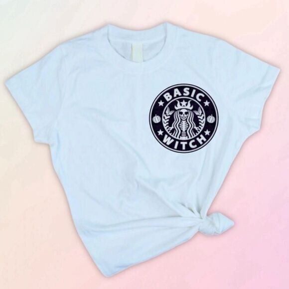 “Basic Witch”, Ladies White Fitted Tee, Sizes S-3X - Picture 1 of 6